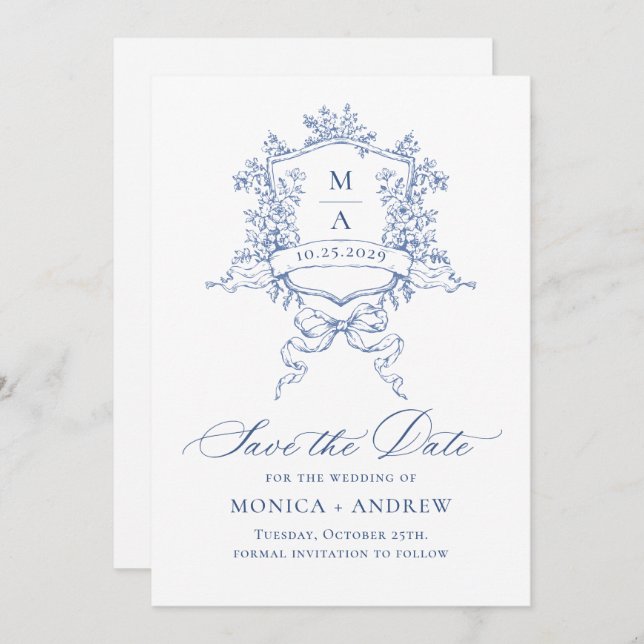 Save The Date Elégant bleu français Jardin Fleurs Mariage code Q (Devant / Derrière)