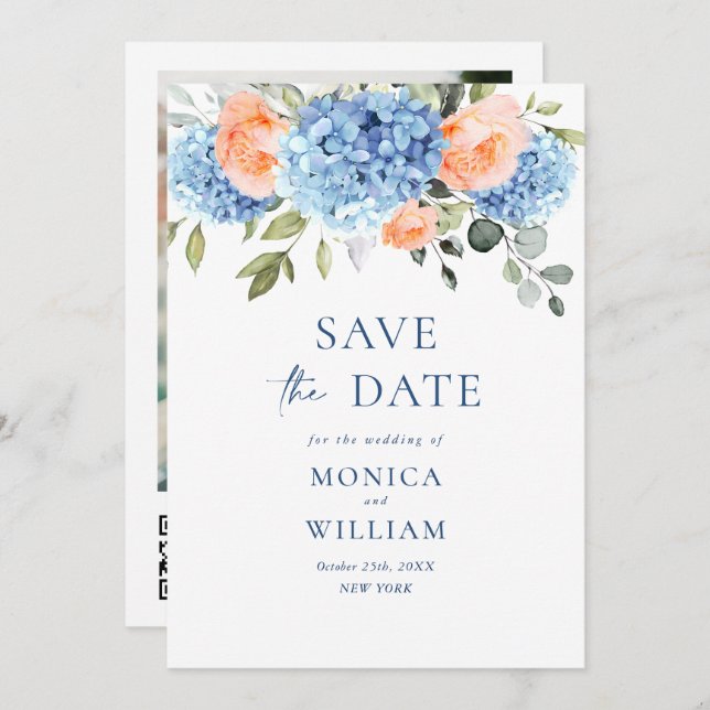Save The Date Elégant bleu Hydrangea Blush Rose Floral Mariage (Devant / Derrière)