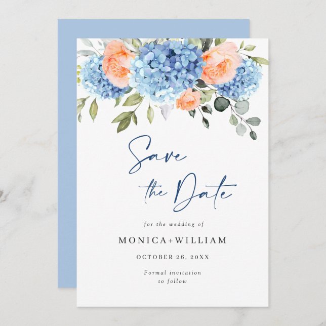 Save The Date Elégant bleu Hydrangea Blush Rose Floral Mariage (Devant / Derrière)