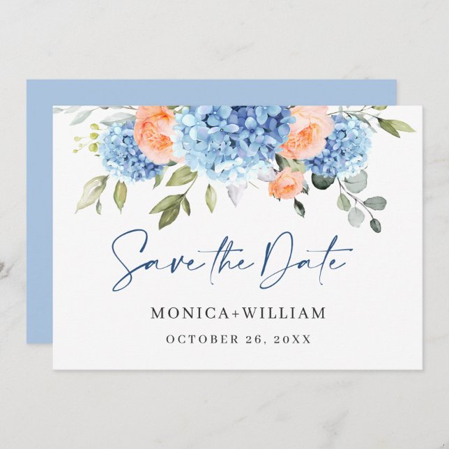 Save The Date Elégant bleu Hydrangea Blush Rose Floral Mariage (Devant / Derrière)