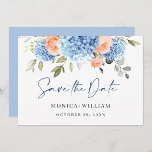 Save The Date Elégant bleu Hydrangea Blush Rose Floral Mariage