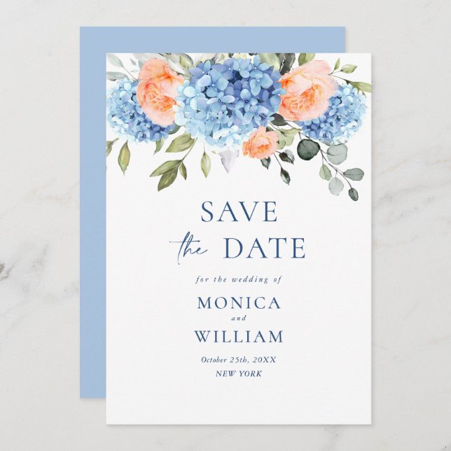 Save The Date Elégant bleu Hydrangea Blush Rose Floral Mariage (Devant / Derrière)