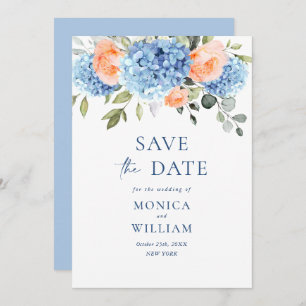 Save The Date Elégant bleu Hydrangea Blush Rose Floral Mariage