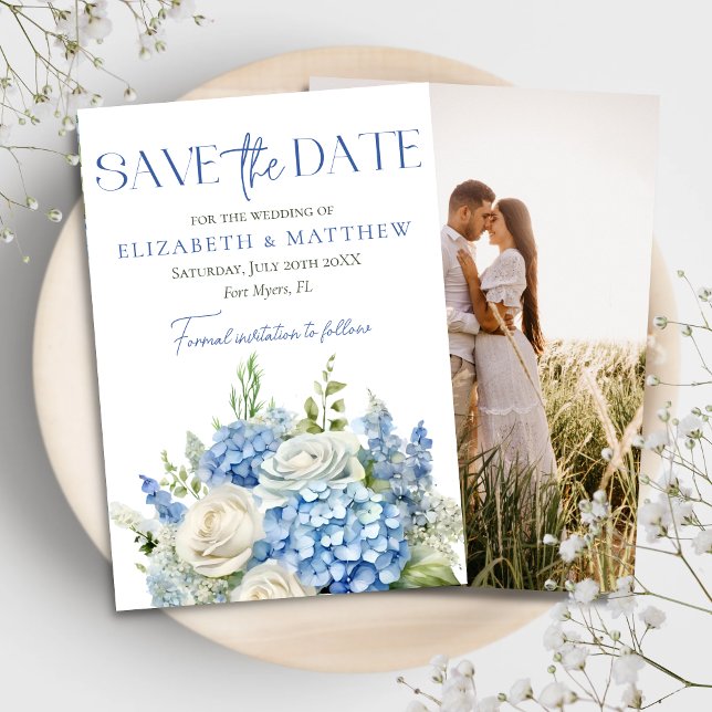Save The Date Élégant bleu Hydrangea Flore blanche Mariage photo (Créateur téléchargé)
