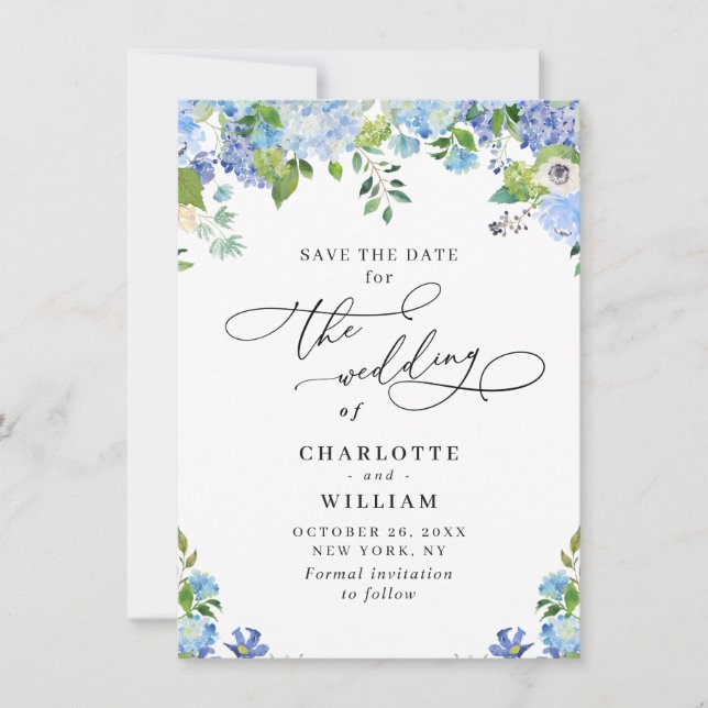 Save The Date Elégant bleu Hydrangea Mariage de verdure (Devant)