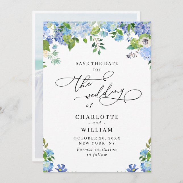 Save The Date Elégant bleu Hydrangea Mariage de verdure Photo (Devant / Derrière)