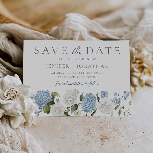 Save The Date Elégant bleu Hydrangea Roses blanches Mariage flor (Créateur téléchargé)