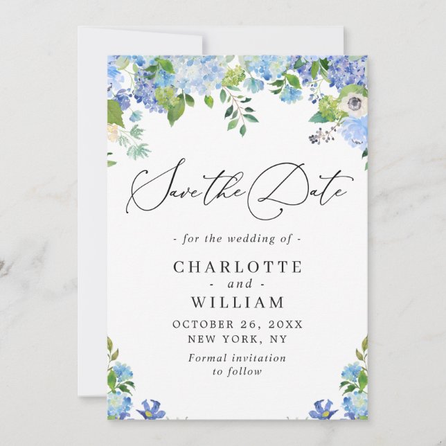 Save The Date Elégant bleu Hydrangea Vert Mariage QR (Devant)