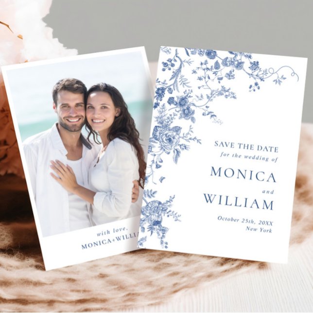 Save The Date Elégant bleu Jardin Français Floral Mariage Photo (Créateur téléchargé)