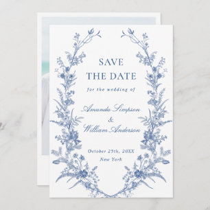 Save The Date Elégant bleu Jardin Français Floral Mariage Photo