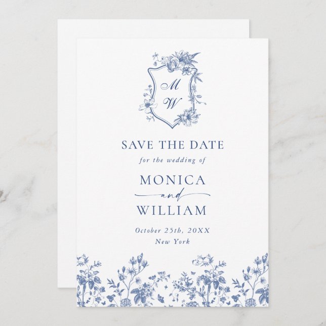 Save The Date Elégant bleu Jardin Français Floral Mariage QR cod (Devant / Derrière)