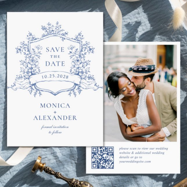 Save The Date Elégant bleu Jardin Français Floral Mariage QR cod (Créateur téléchargé)