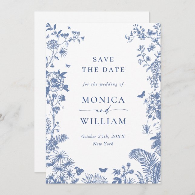 Save The Date Elégant bleu Jardin Français Mariage Floral (Devant / Derrière)