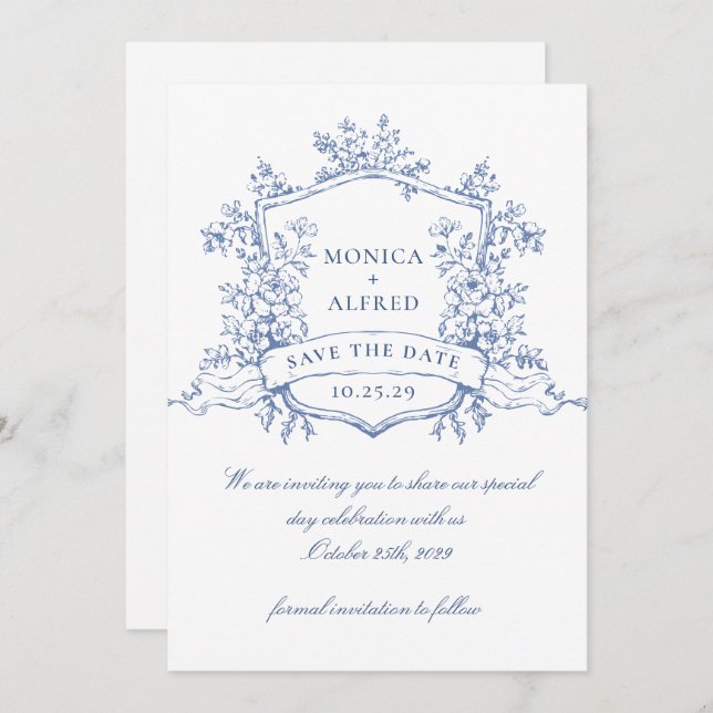 Save The Date Elégant bleu Mariage de fleurs de jardin (Devant / Derrière)