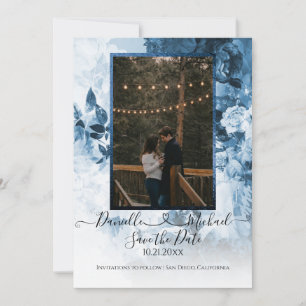 Save The Date Élégant bleu marine blanc floral Script Coeur Phot