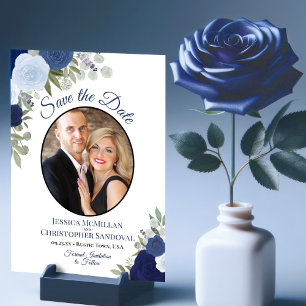 Save The Date Elégant bleu marine Floral Boho Chic Mariage Photo
