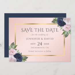 Save The Date Elégant bleu marine or bleu bleu rose floral