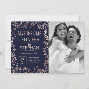 Save The Date Elégant bleu marine Rose or florale Enregistrer le