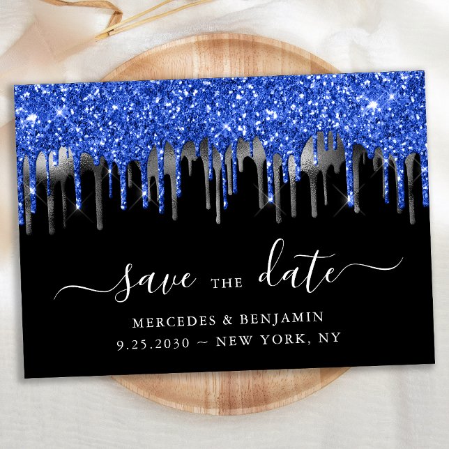 Save The Date Elégant bleu noir Parties scintillant  Mariage (Créateur téléchargé)