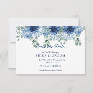 Save The Date Élégant Bleu Poussiéreux Aquarelle Floral Eucalypt