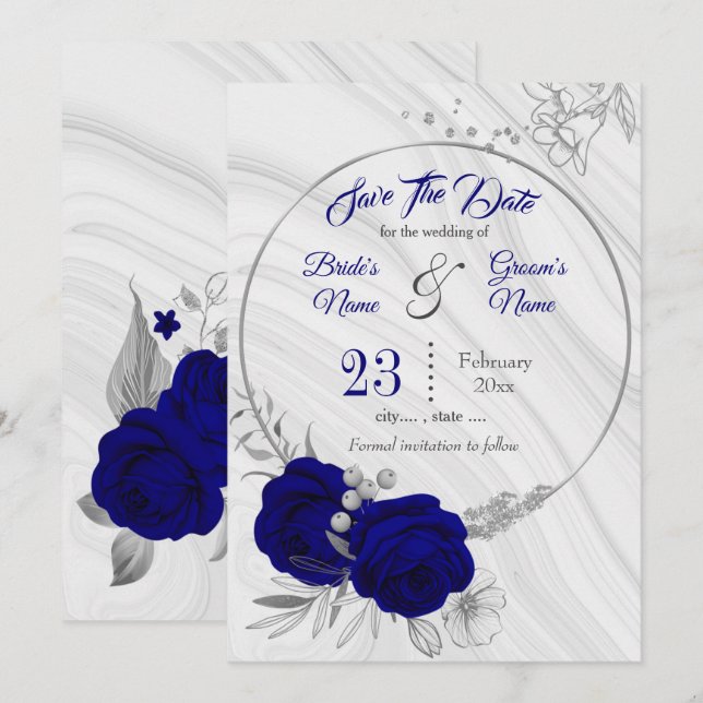 Save The Date élégant bleu royal gris argenté (Devant / Derrière)
