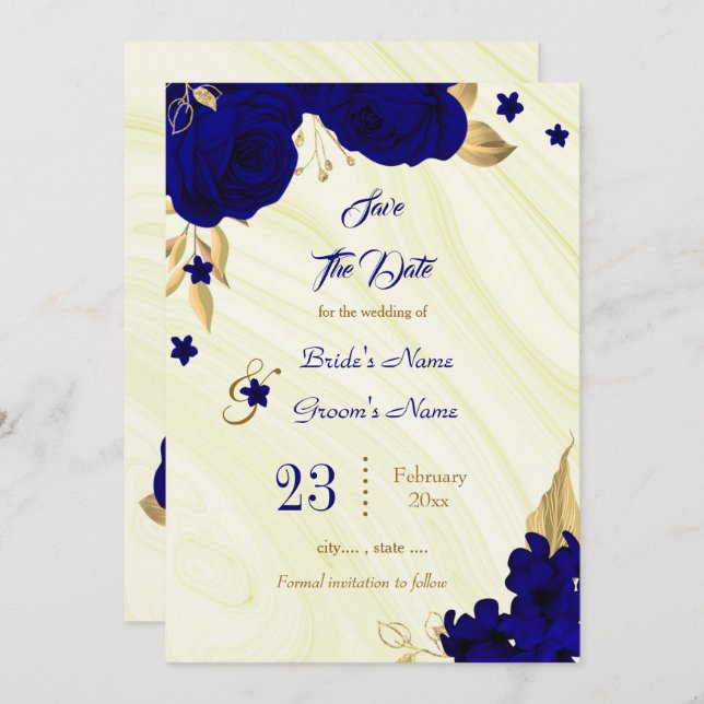 Save The Date élégant bleu royal or feuille floral (Devant / Derrière)