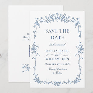 Save The Date Elégant bleu Toile Français Floral Mariage QR code