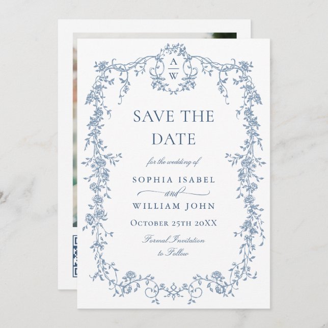 Save The Date Elégant bleu Toile Français Floral Mariage QR code (Devant / Derrière)