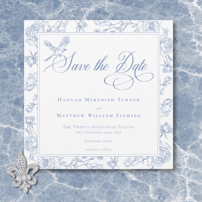Save The Date Elégant Blue Chinoiserie Bird & Crest Mariage (Elegant Blue Chinoiserie Bird & Crest Wedding Save The Date)