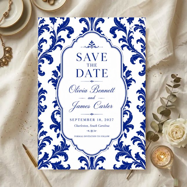 Save The Date Elegant Blue Damask  (Créateur téléchargé)