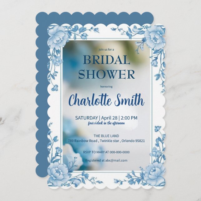 Save The Date Elegant Blue Flower chinoiserie douche de mariage (Devant / Derrière)