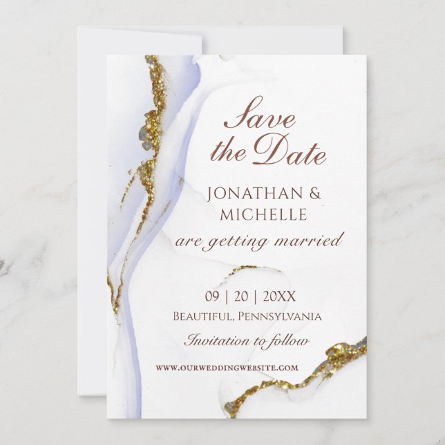 Save The Date Elégant Blue Gold Abstrait Inspirational Mariage (Devant)
