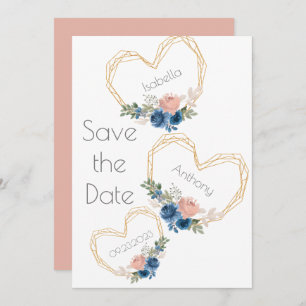 Save The Date Élégant Blue Gold Heart Floral Names Mariage Enreg