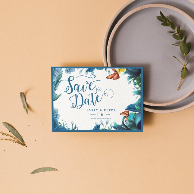 Save The Date Elegant Blue Green Botanical Butterfly Wedding (Elegant Blue Green Botanical Butterfly Wedding Save The Date)