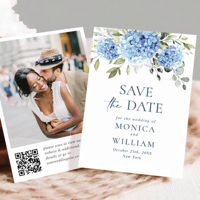 Save The Date Elégant Blue Hydrangea Mariage QR code Photo (Créateur téléchargé)