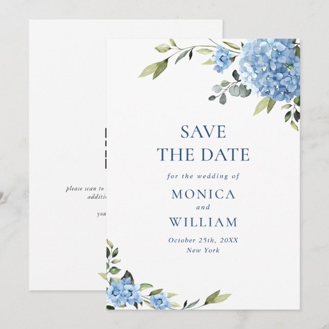 Save The Date Elégant Blue Hydrangea Mariage QR code Photo (Devant / Derrière)