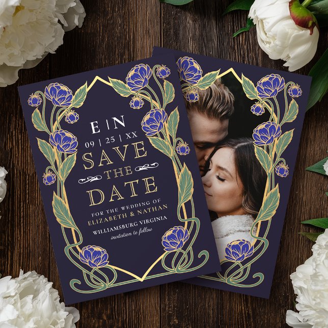 Save The Date Elegant Blue Peony Art Nouveau Wedding Photo (Créateur téléchargé)