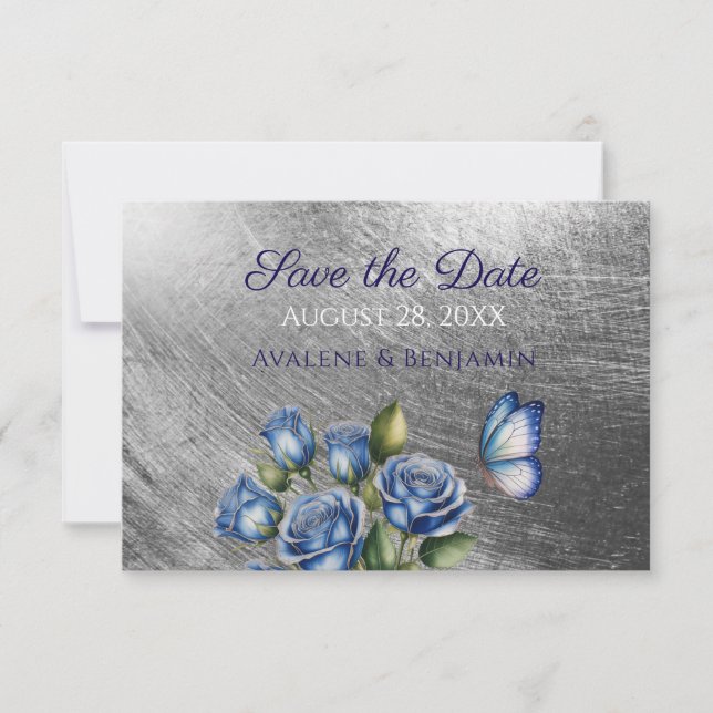 Save The Date Elegant Blue Roses Butterfly Silver Wedding (Devant)