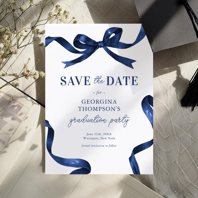 Save The Date Elegant Blue Watercolor Bow Graduation (Créateur téléchargé)