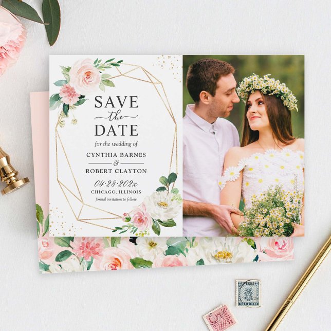 Save The Date Elégant Blush Floral Gold Photo géométrique (Créateur téléchargé)