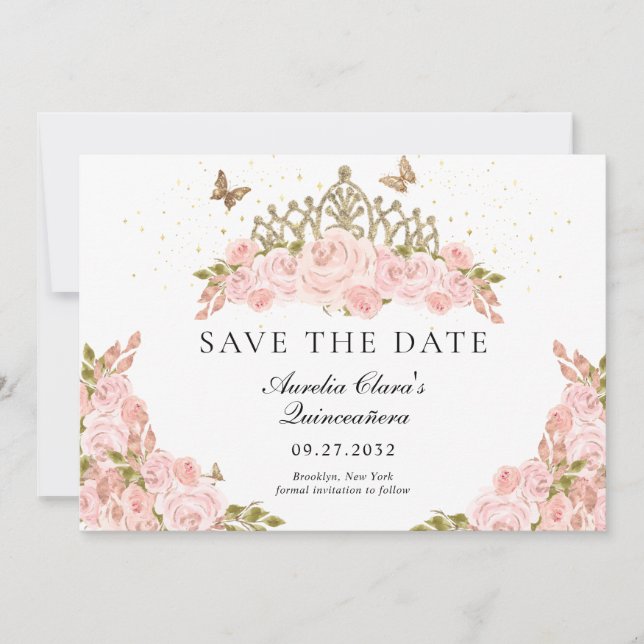 Save The Date Elegant Blush Pink Floral Gold Tiara Quinceanera (Devant)