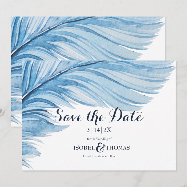 Save The Date Elégant Boho bleu aquarelle plumes Abstraites (Devant / Derrière)
