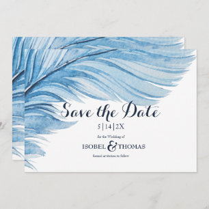 Save The Date Elégant Boho bleu aquarelle plumes Abstraites