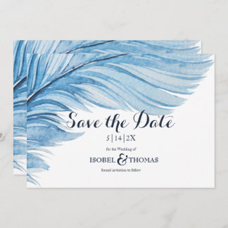 Save The Date Elégant Boho bleu aquarelle plumes Abstraites