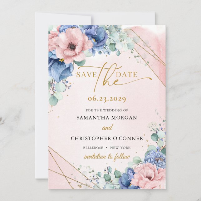Save The Date Elégant boho bleu poussiéreux et cadre doré rose (Devant)