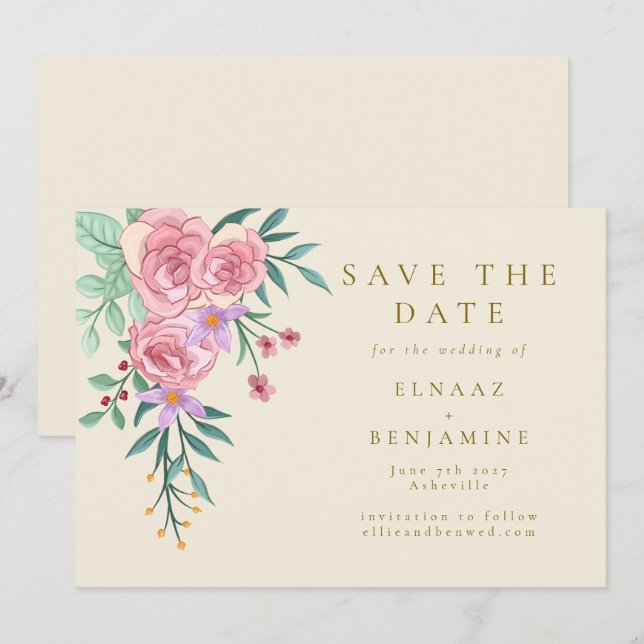 Save The Date Elégant Boho Blush Rose Aquarelle Mariage Floral (Devant / Derrière)