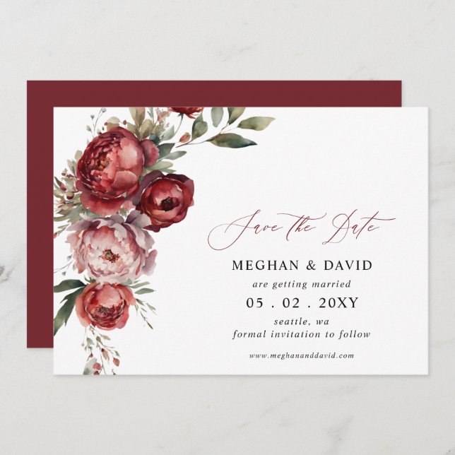 Save The Date Élégant Boho Bourgogne Blush Floral Mariage (Devant / Derrière)