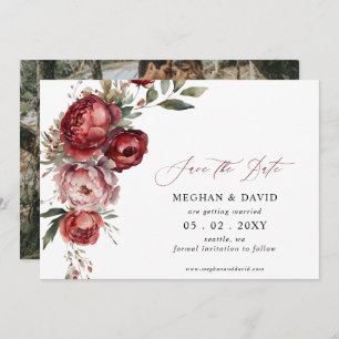 Save The Date Elégant Boho Bourgogne Blush Floral Photo