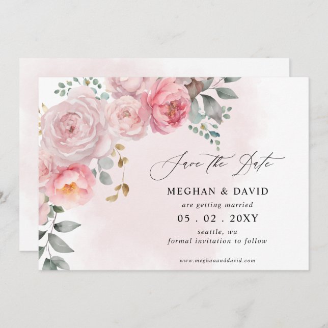 Save The Date Elégant Boho été printemps Blush Floral Mariage (Devant / Derrière)