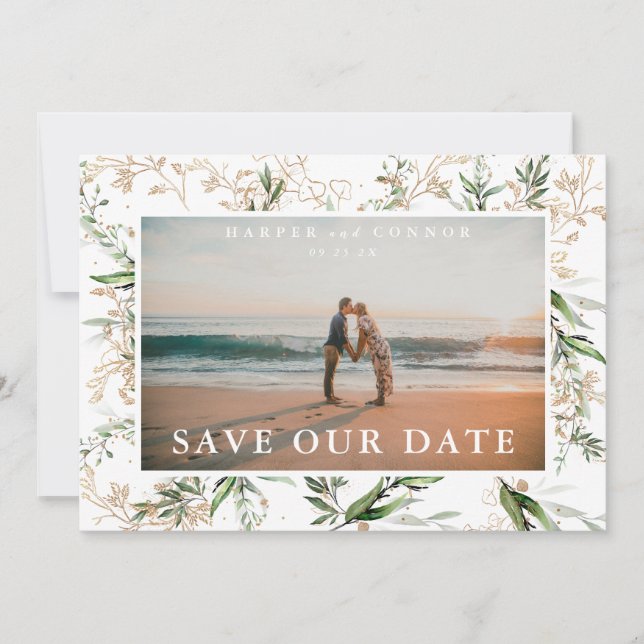 Save The Date Elégant Boho Golden Sage Eucalyptus Green Photo (Devant)